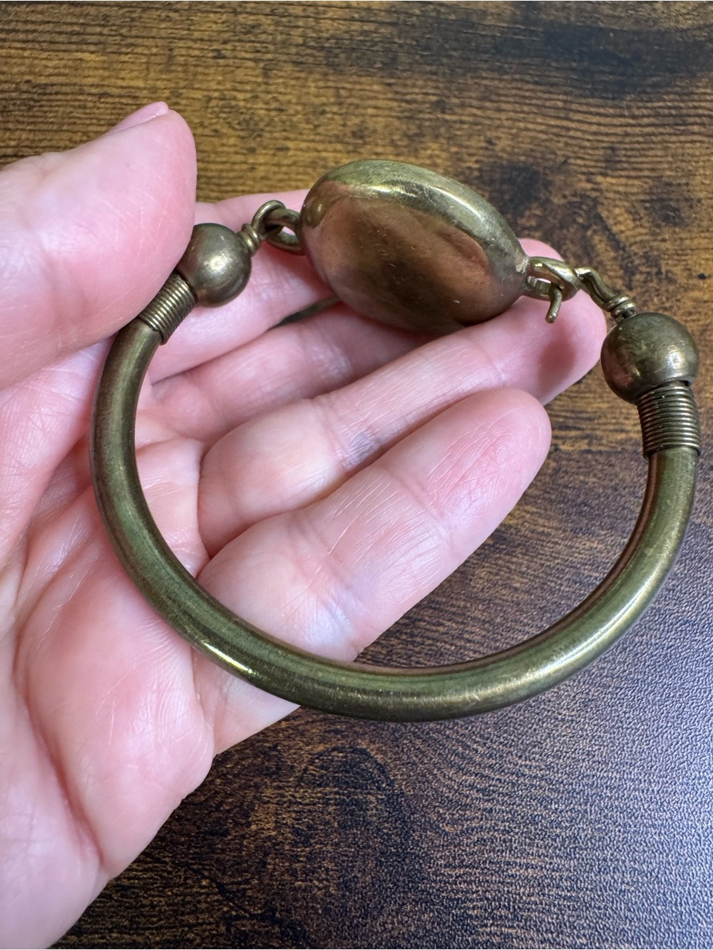 Hand Crafted Brass Bracelet with Green and Gold Inlay - Modernist - Picture 6 of 10